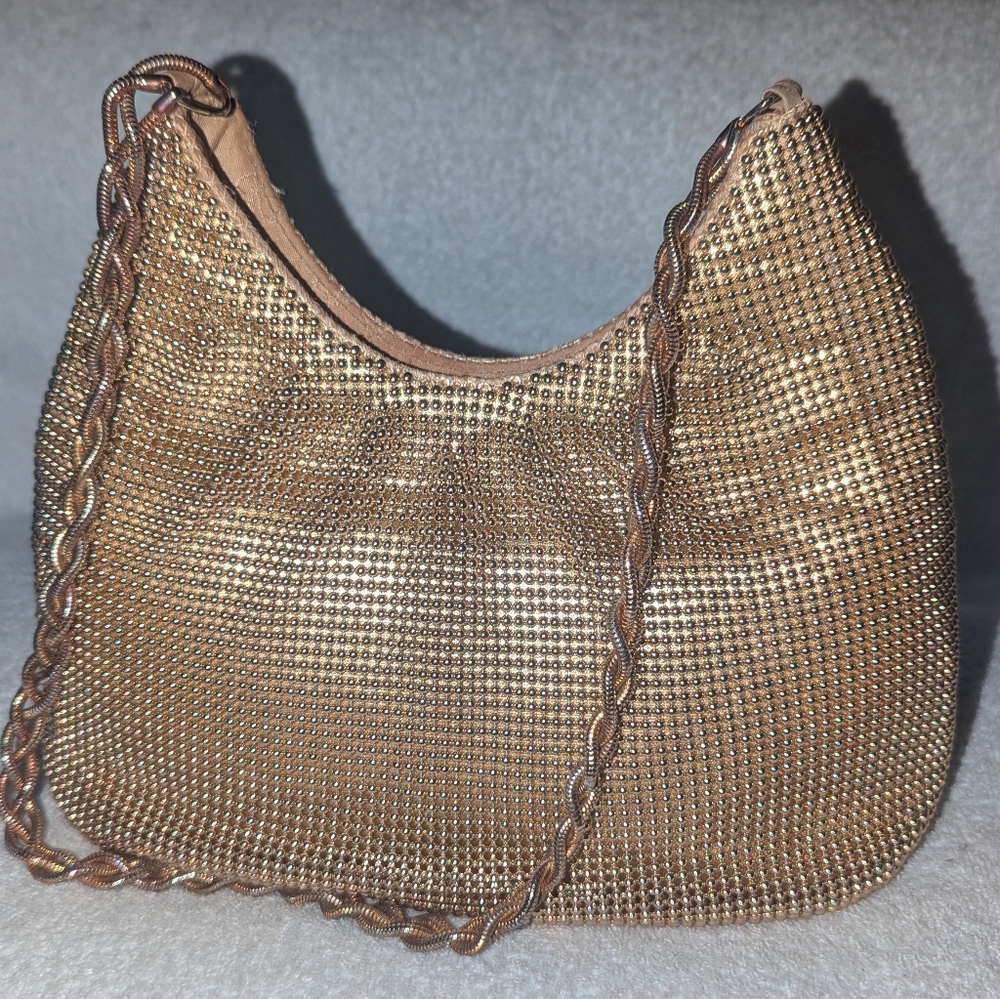 Whiting and Davis gold beaded mesh shoulder bag.